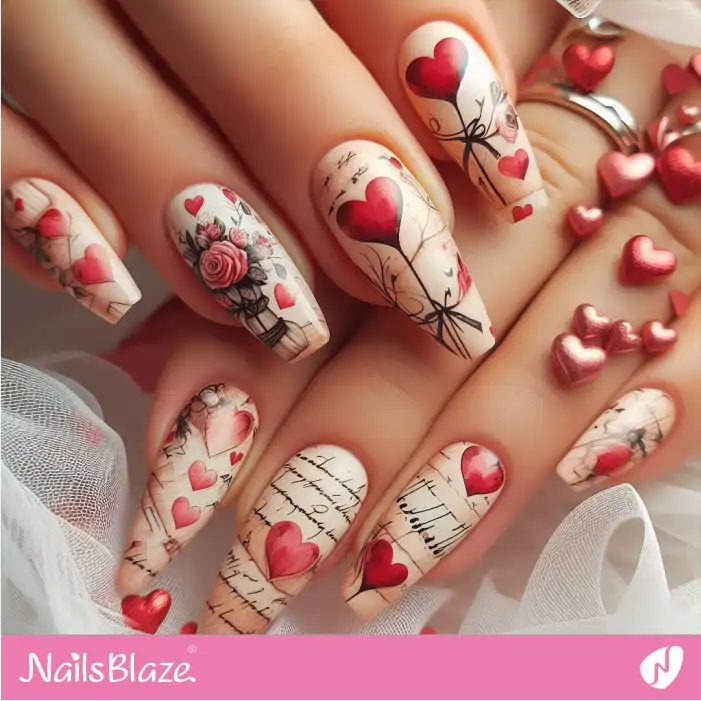 Love Letter with Hearts and Roses Nail Art | Valentine Nails - NB2404